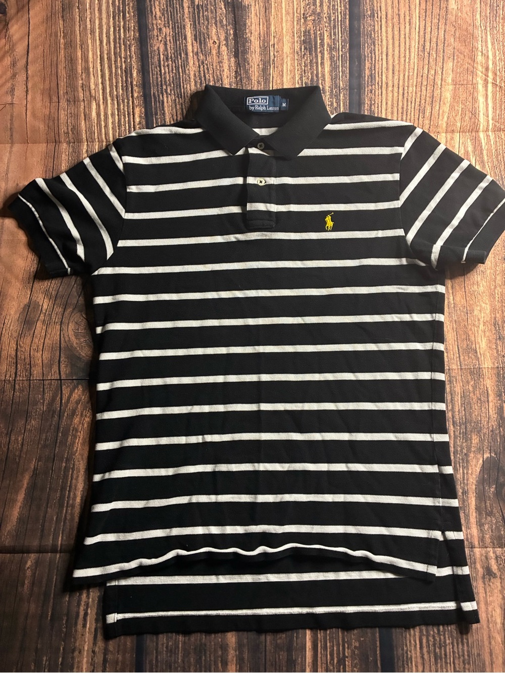 Ralph Lauren Black & White Striped Polo with Yellow Pony